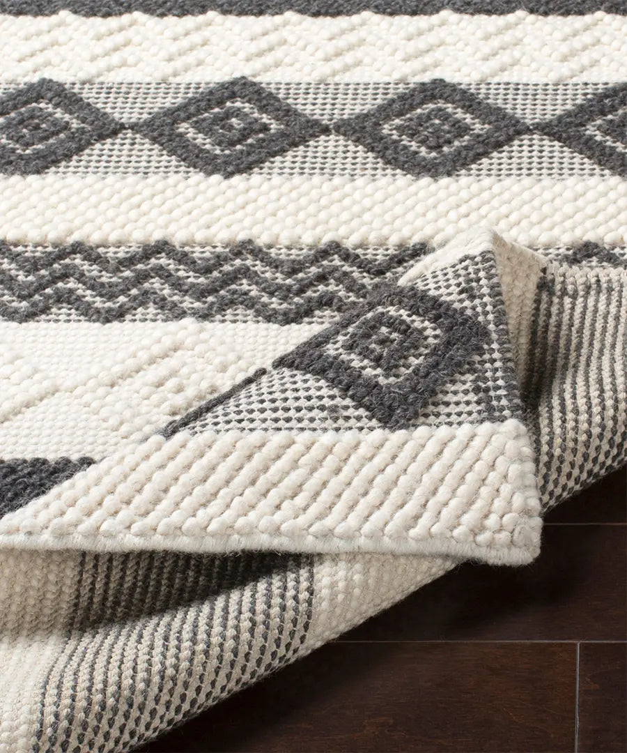 Hand Woven Geometric & Stripes Hygge Charcoal Wool & Polyester Rug