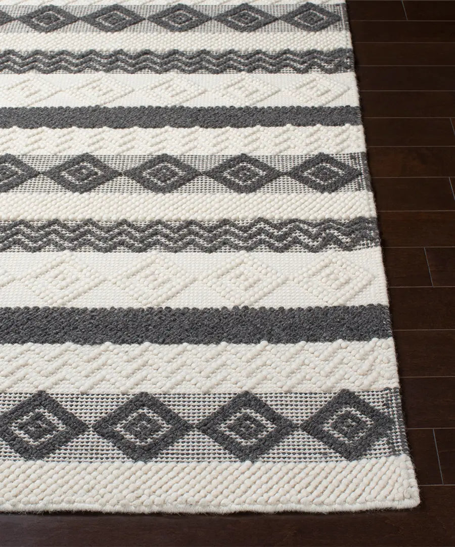 Hand Woven Geometric & Stripes Hygge Charcoal Wool & Polyester Rug