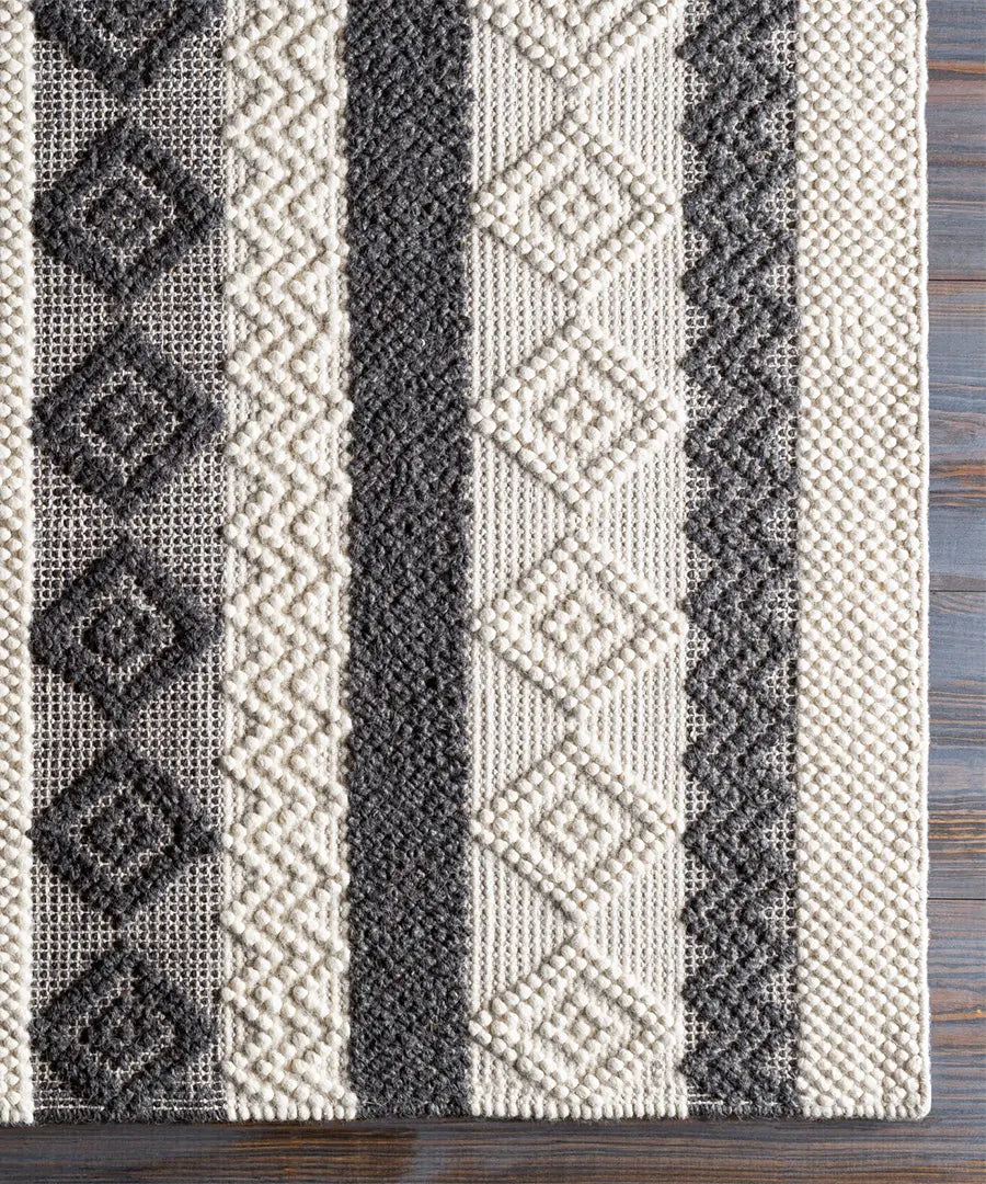 Hand Woven Geometric & Stripes Hygge Charcoal Wool & Polyester Rug