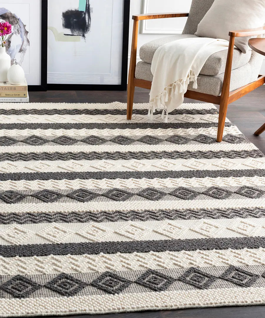 Hand Woven Geometric & Stripes Hygge Charcoal Wool & Polyester Rug