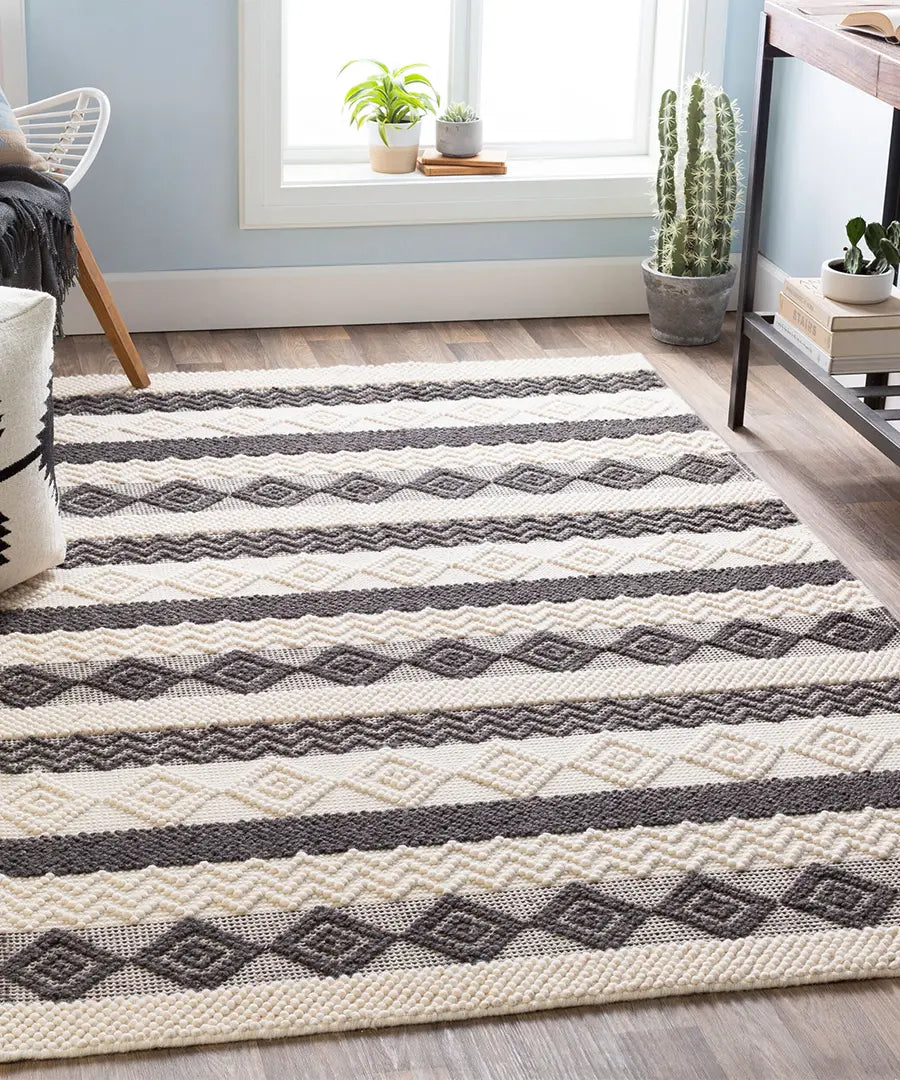 Hand Woven Geometric & Stripes Hygge Charcoal Wool & Polyester Rug