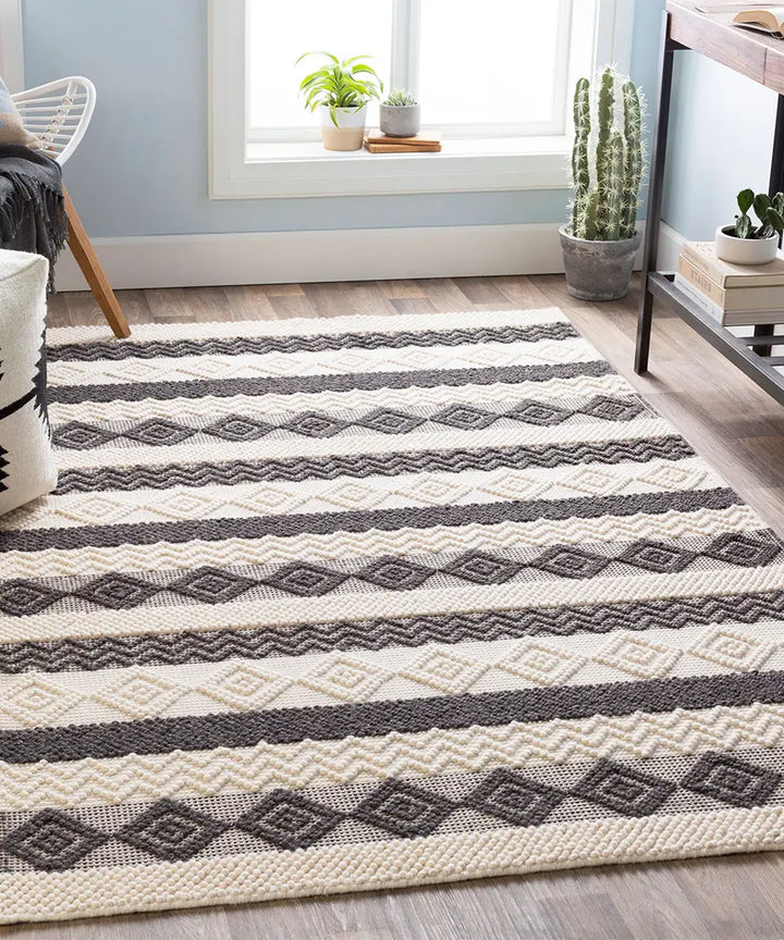 Hand Woven Geometric & Stripes Hygge Charcoal Wool & Polyester Rug