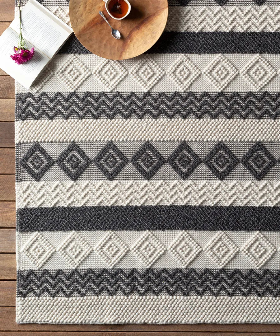 Hand Woven Geometric & Stripes Hygge Charcoal Wool & Polyester Rug