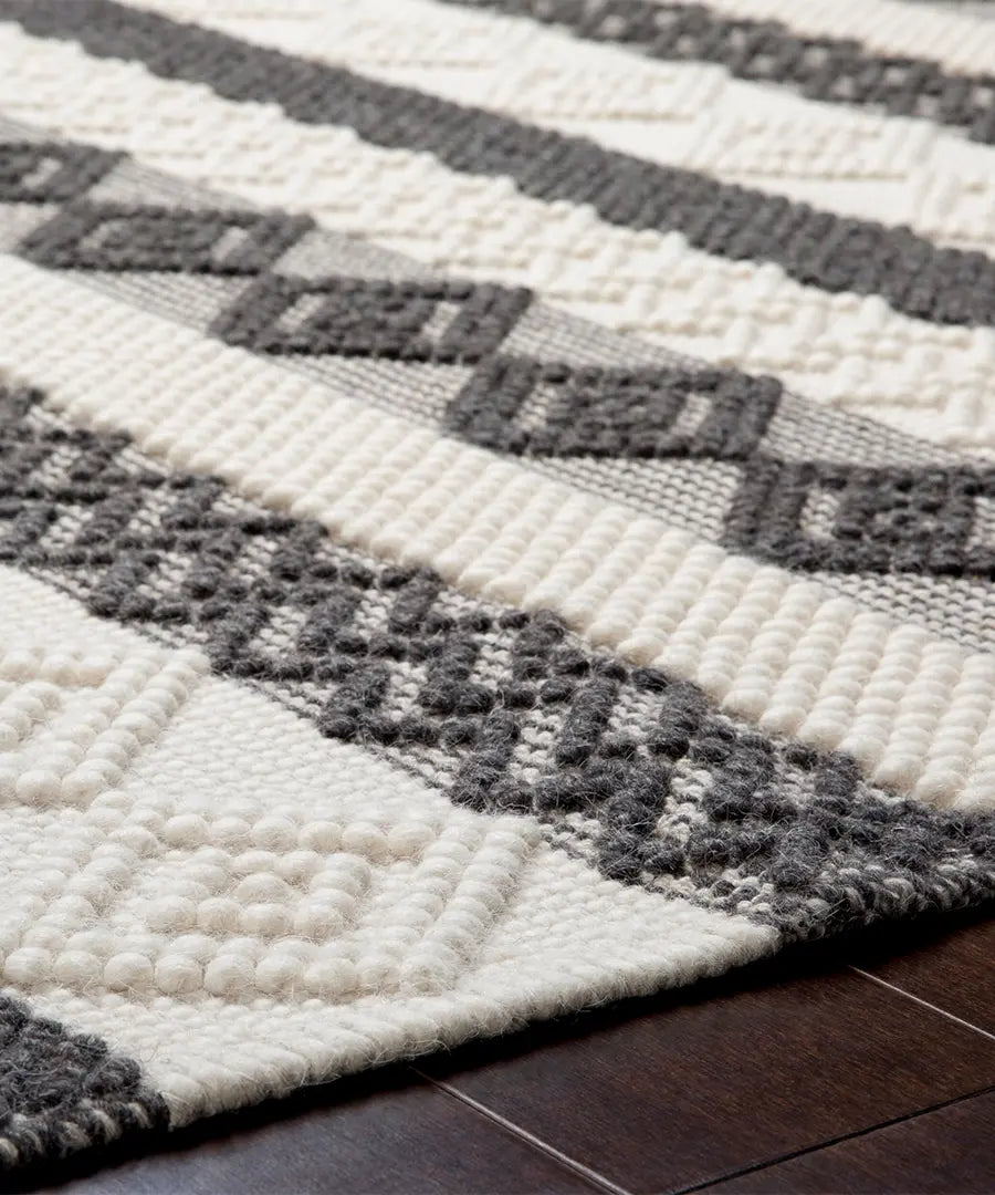 Hand Woven Geometric & Stripes Hygge Charcoal Wool & Polyester Rug