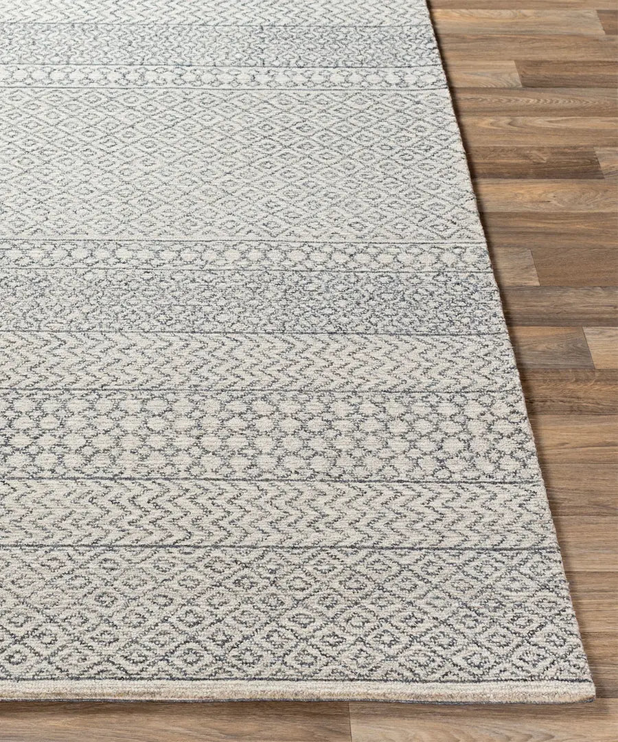 Hand Tufted Geometric & Stripes Maroc Black Wool Rug