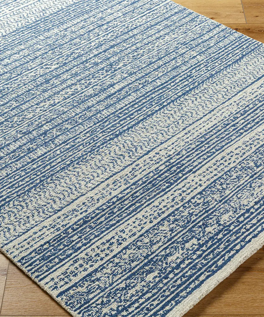 Hand Tufted Geometric & Stripes Maroc Blue Wool Rug