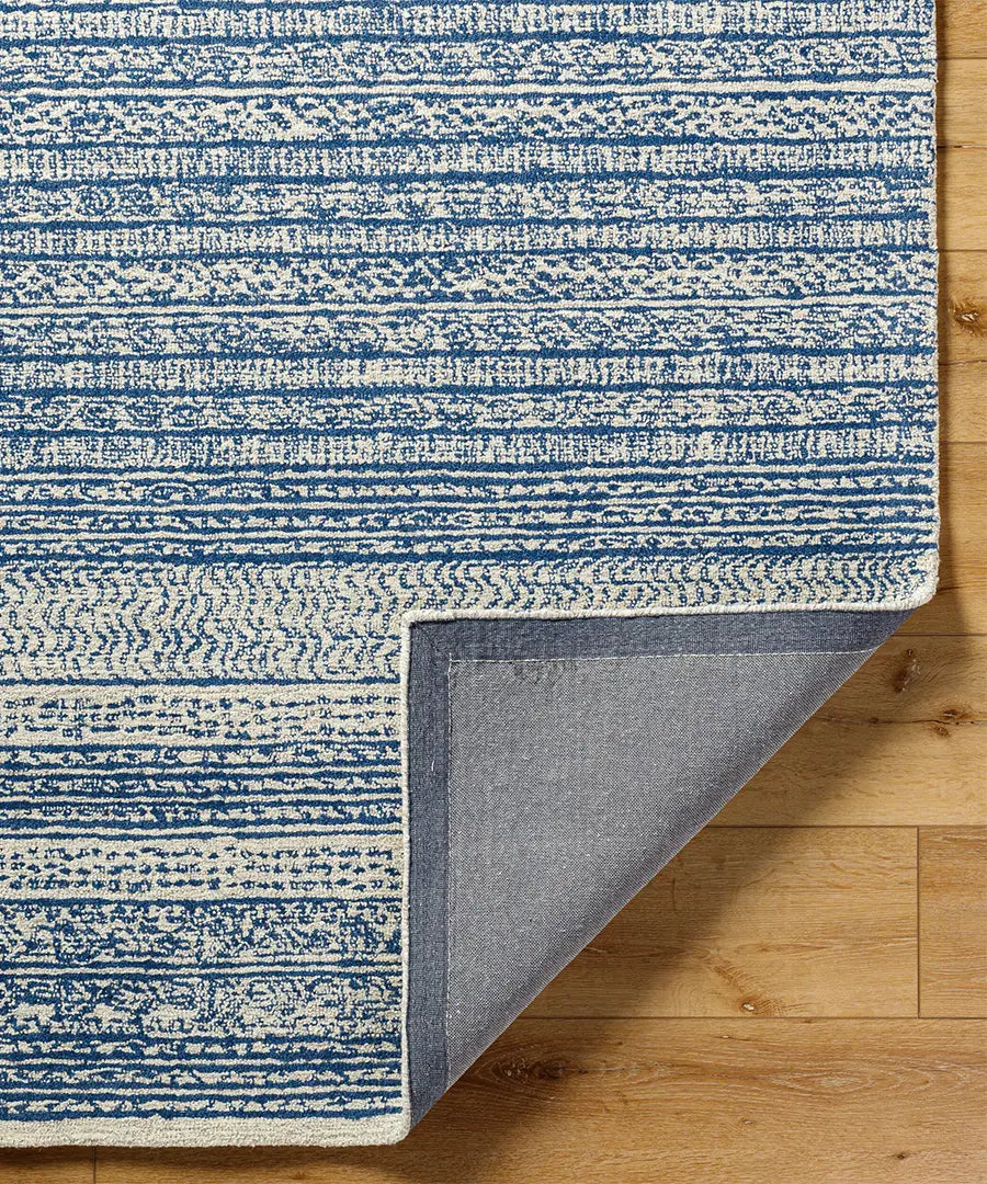 Hand Tufted Geometric & Stripes Maroc Blue Wool Rug