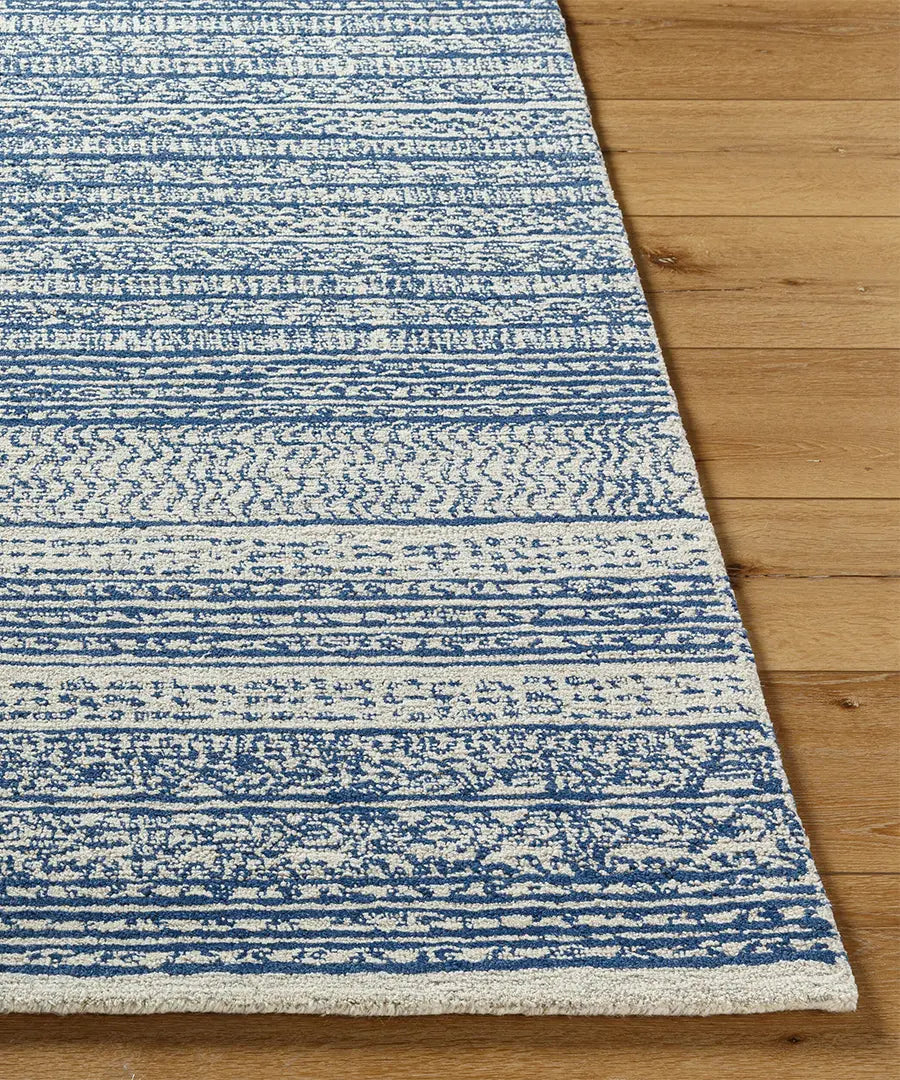 Hand Tufted Geometric & Stripes Maroc Blue Wool Rug