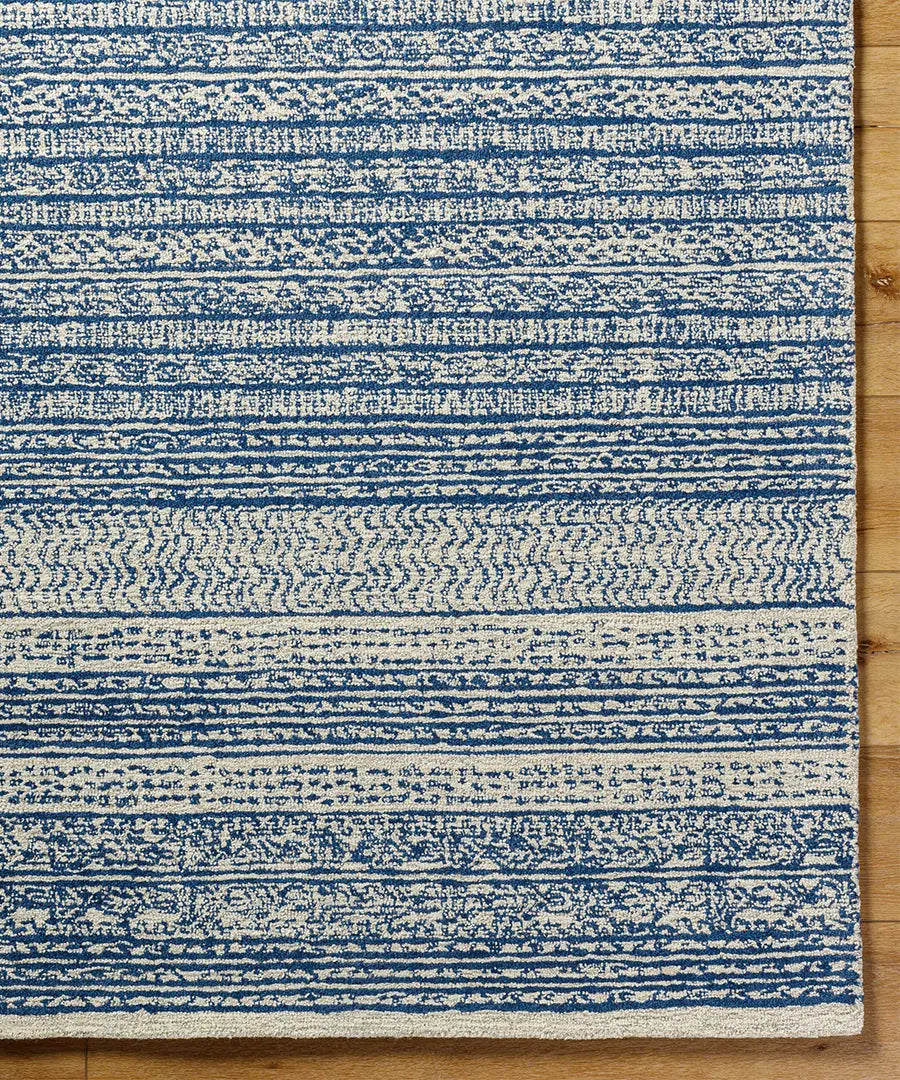 Hand Tufted Geometric & Stripes Maroc Blue Wool Rug