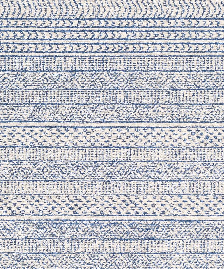 Hand Tufted Geometric & Stripes Maroc Blue Wool Rug