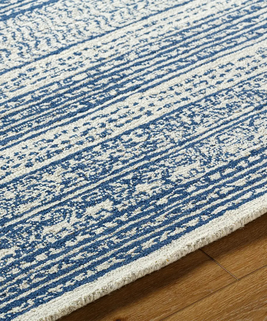 Hand Tufted Geometric & Stripes Maroc Blue Wool Rug