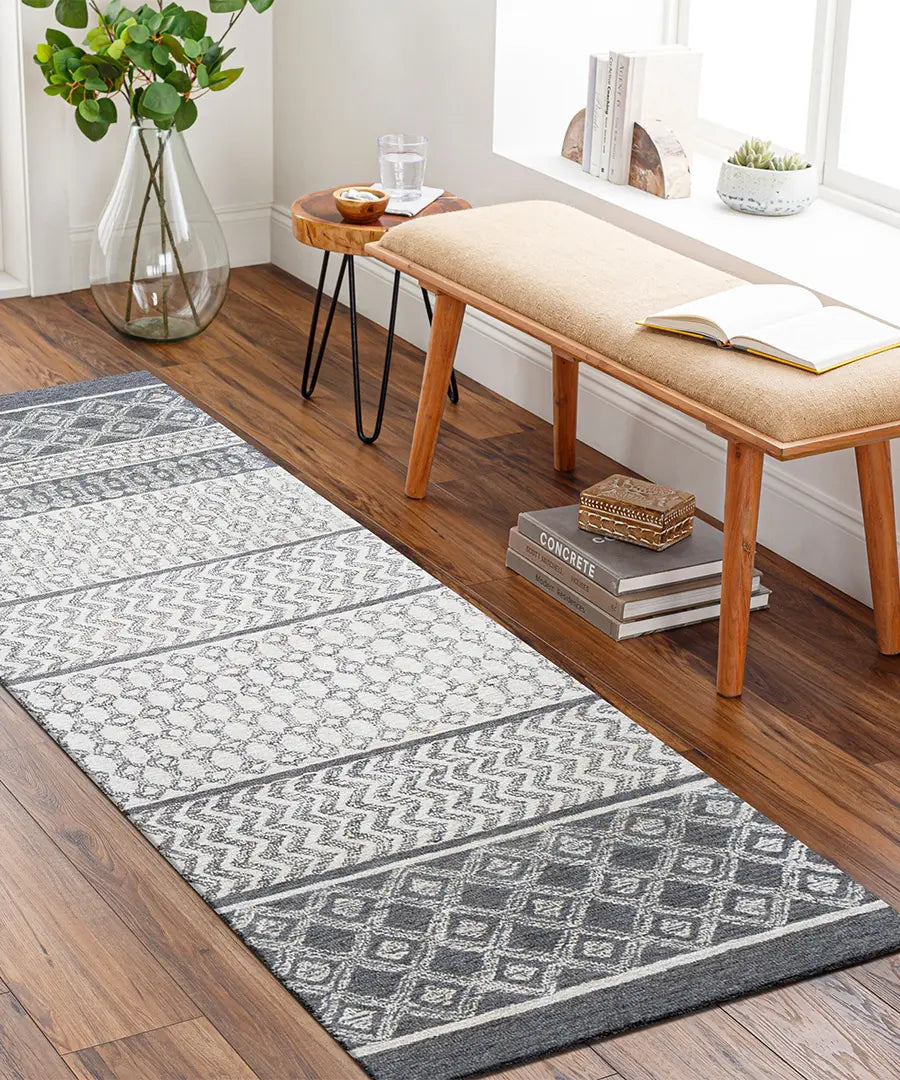 Hand Tufted Geometric & Stripes Maroc Light Grey Wool Rug