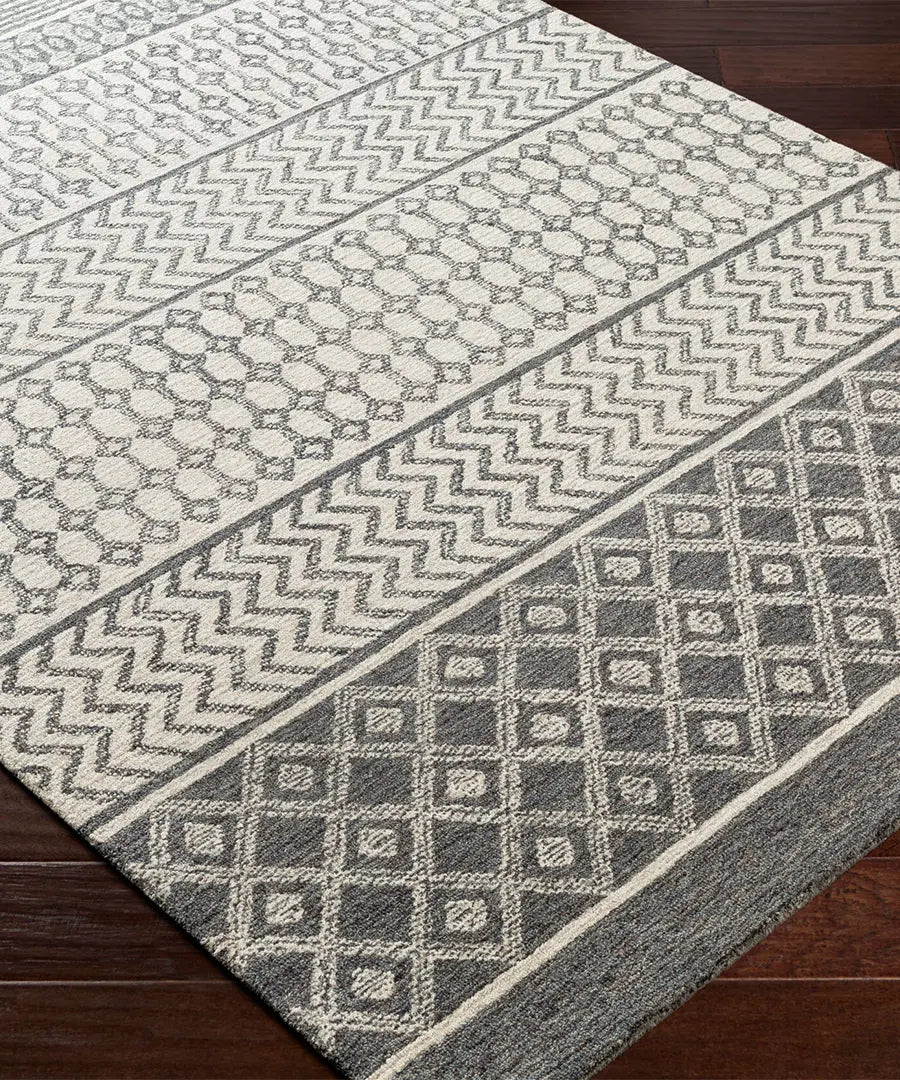 Hand Tufted Geometric & Stripes Maroc Light Grey Wool Rug