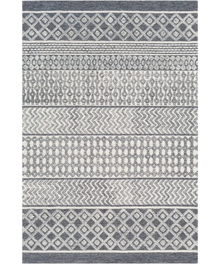 Hand Tufted Geometric & Stripes Maroc Light Grey Wool Rug