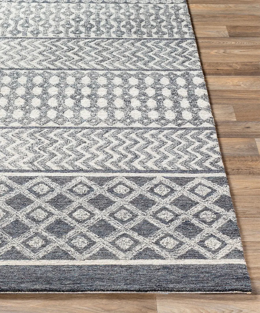 Hand Tufted Geometric & Stripes Maroc Light Grey Wool Rug