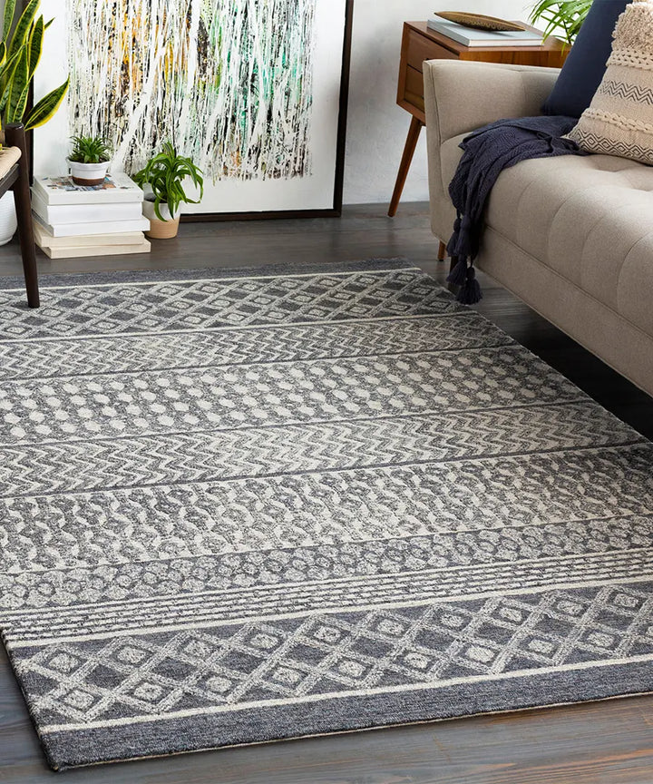 Hand Tufted Geometric & Stripes Maroc Light Grey Wool Rug