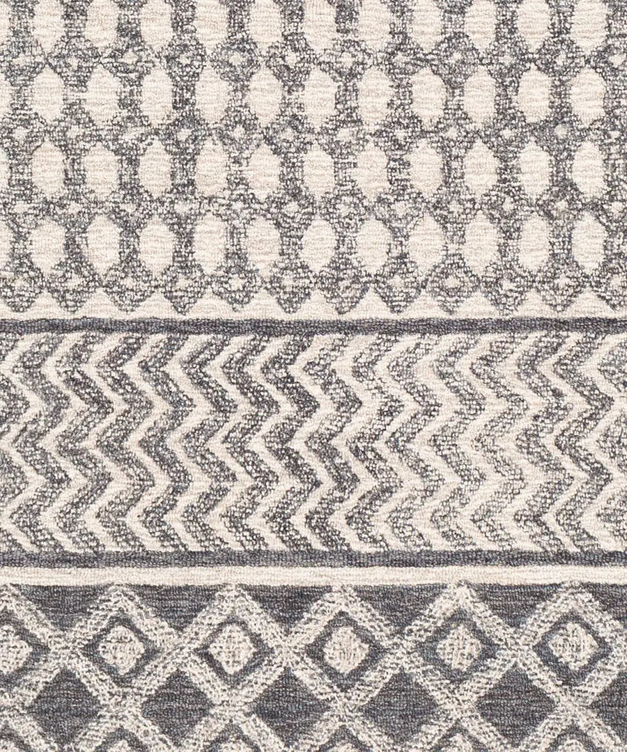 Hand Tufted Geometric & Stripes Maroc Light Grey Wool Rug