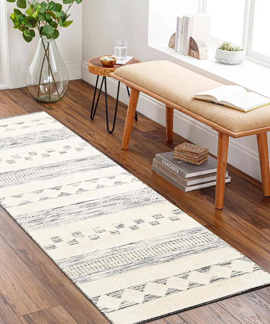 Hand Woven Geometric & Stripes Nairobi Ivory Wool Rug