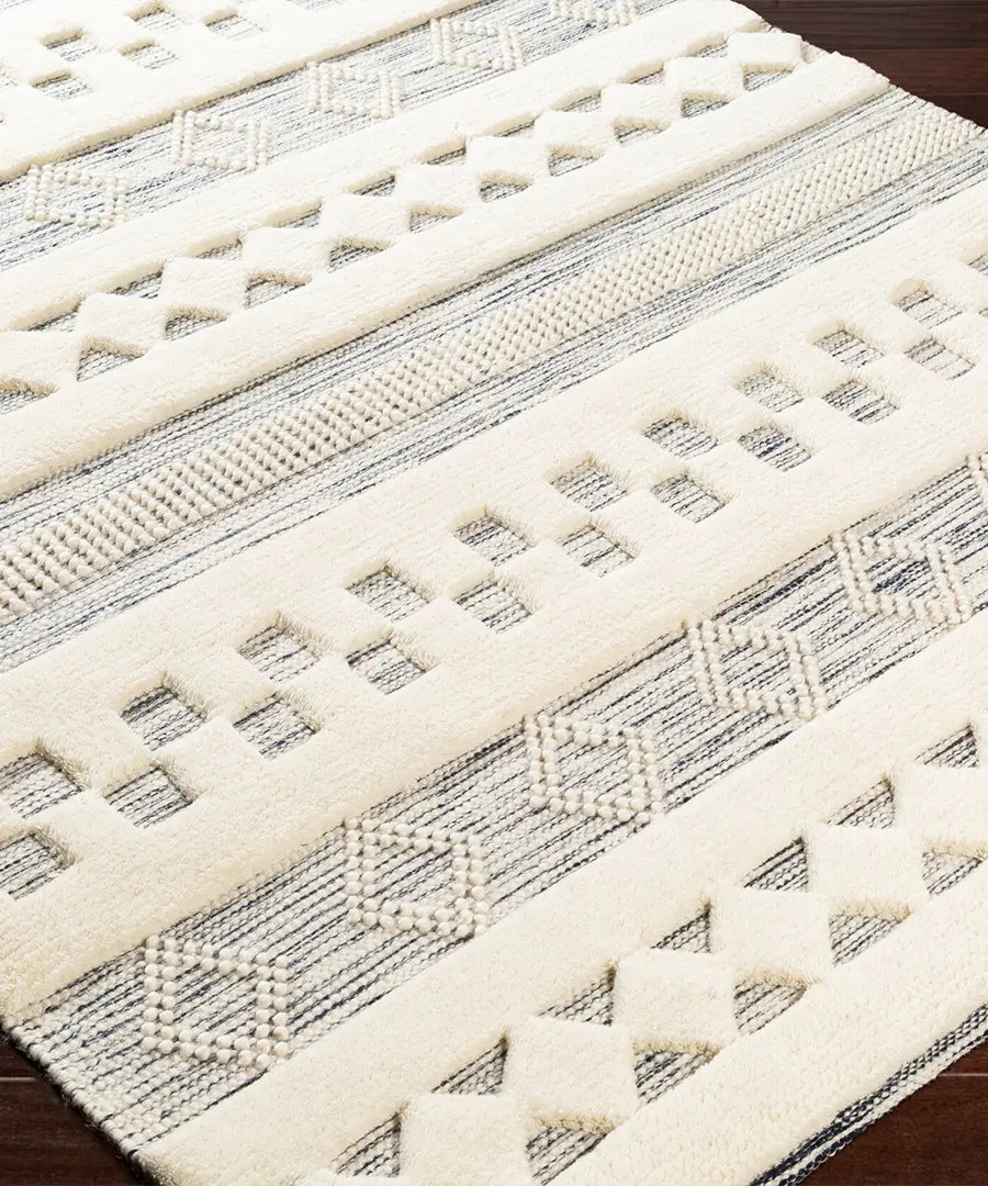 Hand Woven Geometric & Stripes Nairobi Ivory Wool Rug