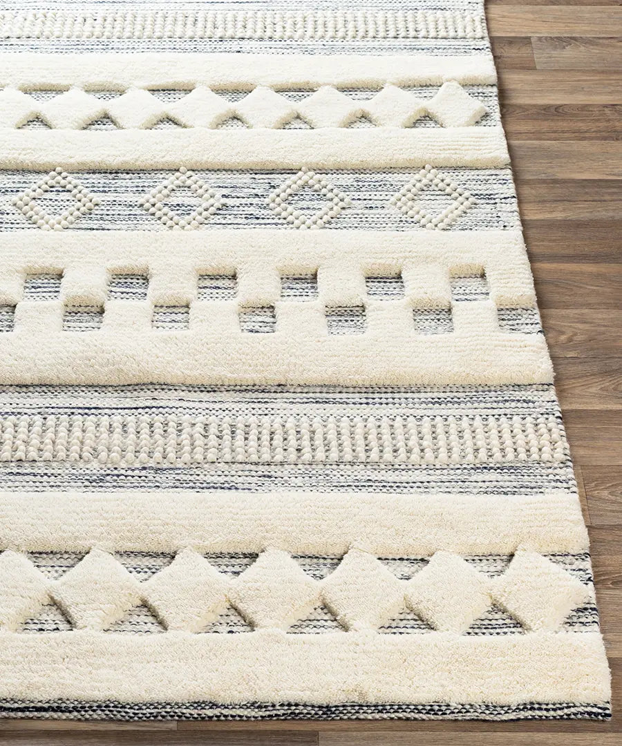 Hand Woven Geometric & Stripes Nairobi Ivory Wool Rug