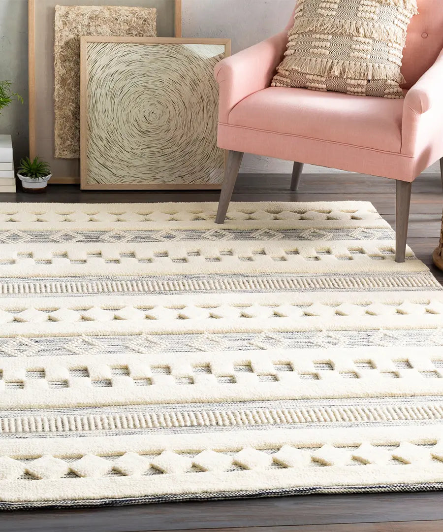 Hand Woven Geometric & Stripes Nairobi Ivory Wool Rug