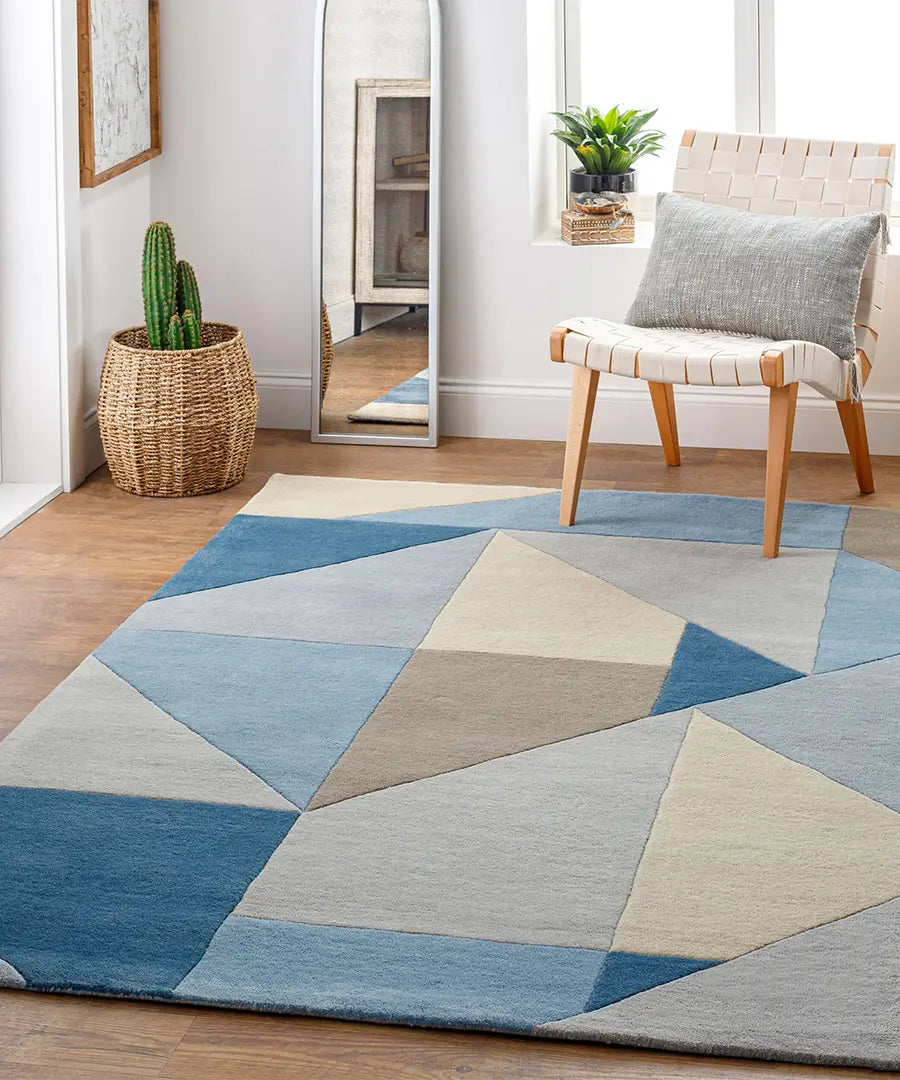 Hand Tufted Abstract Queens Blue Wool Rug