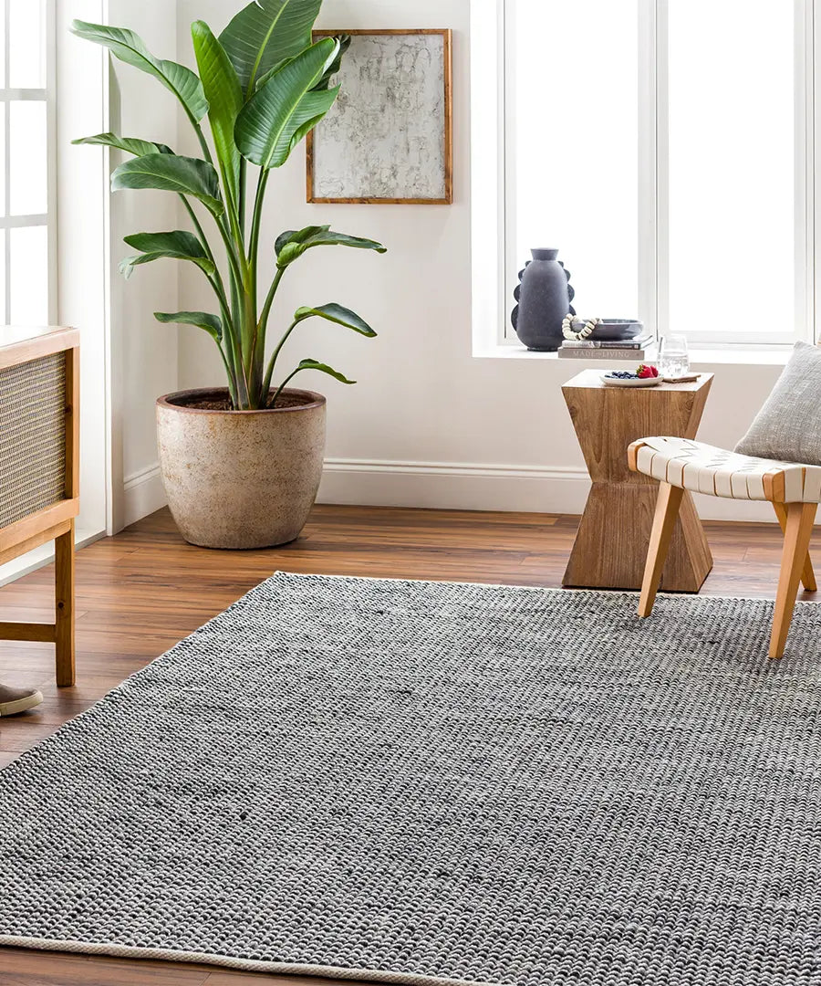 Hand Woven Solid, Geometric & Stripes Rebecca Black Recycled Pet Yarn Rug