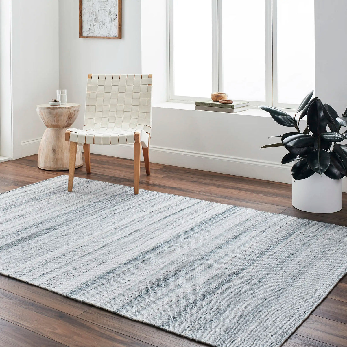 Verna Hand-Woven Striped Recycled PET Yarn Rug - White/Blue